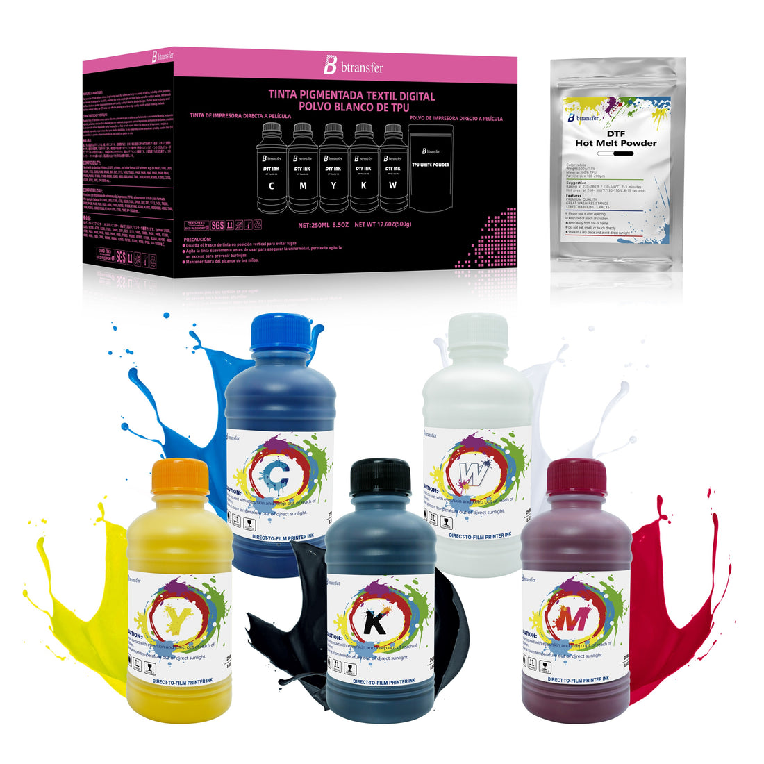 B btransfer Direct to Transfer Film Ink 250ml (CMYKW)+ Direct to Transfer Film Powder 500g