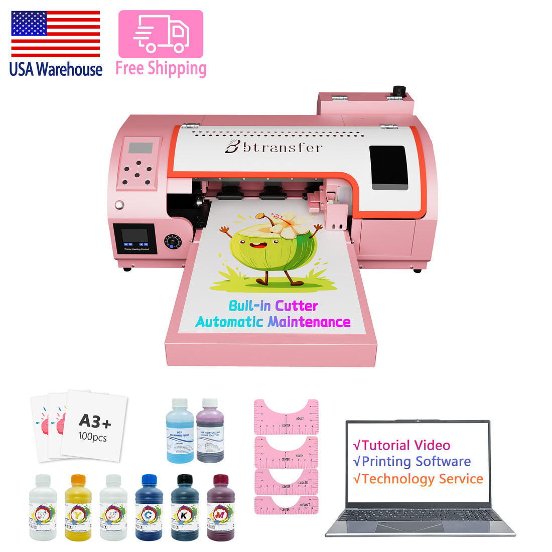 B btransfer A3 M1630 Pro Printer bundle ：2X Speed of L1800, Auto Film Cutter, White Ink Circulation & Anti-Clog – Plug-and-Play T-Shirt Printing Machine with Laptop for DIY Apparel Business(Printer+Laptop+Consumable)(Free Shipping）