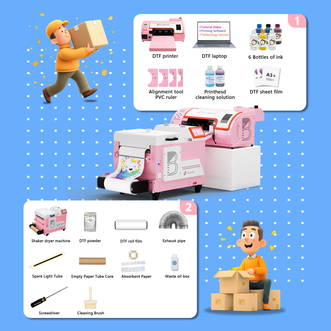 B btransfer 13" M1630 Pro DTF Printer Swift Shaker Bundle with Laptop and Shaker - printer on table, shaker on floor