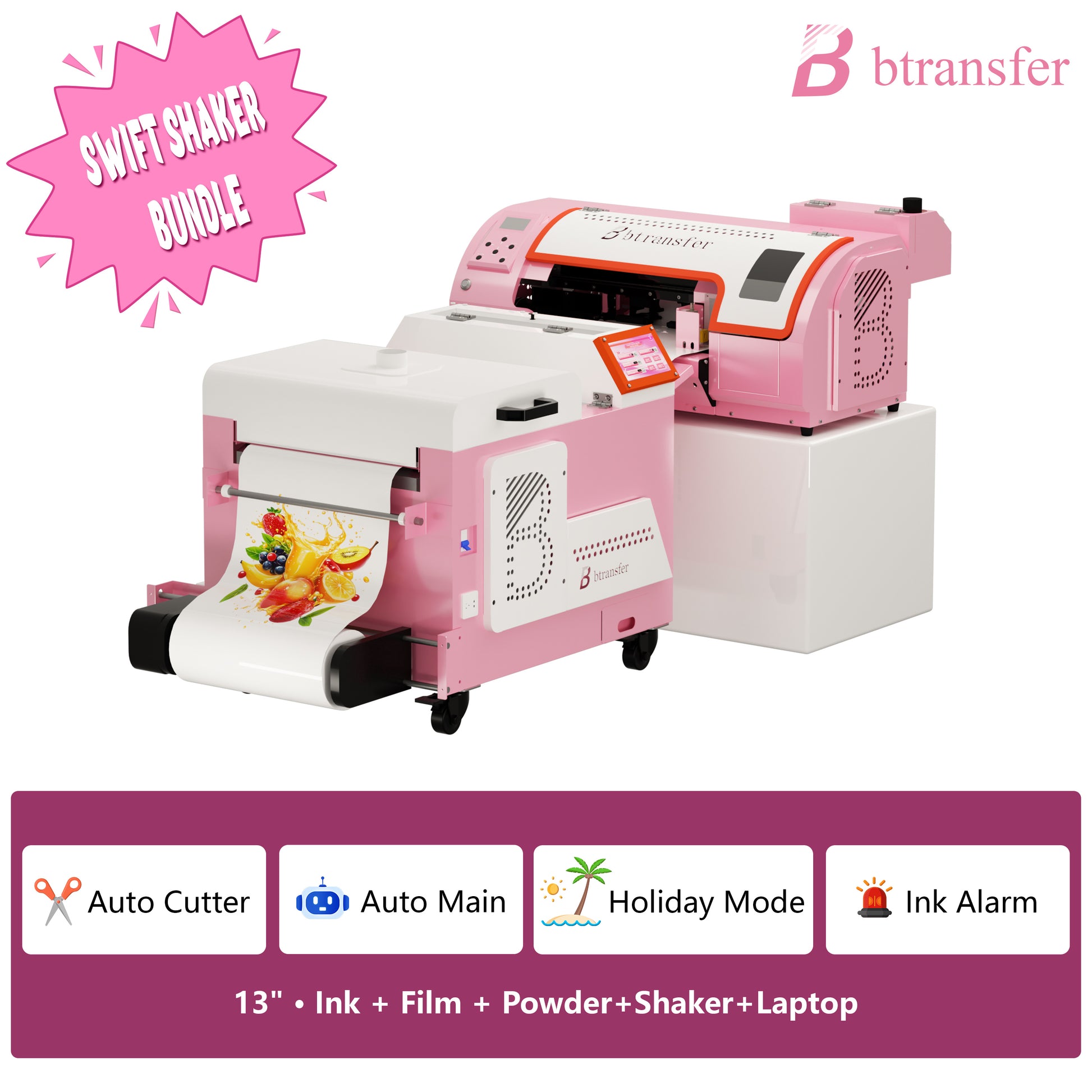 B btransfer 13" M1630 Pro DTF Printer Swift Shaker Bundle with Laptop and Shaker - printer on table, shaker on floor
