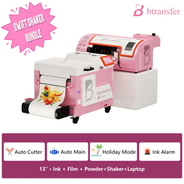 B btransfer 13" M1630 Pro DTF Printer Swift Shaker Bundle with Laptop and Shaker - printer on table, shaker on floor