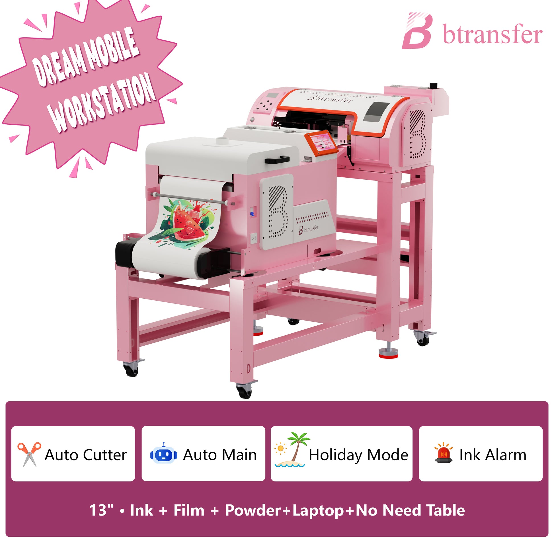 B btransfer 13" M1630 Pro DTF Printer Dream Mobile Workstation with Laptop, Shaker, and Mobile Rack - all-in-one integrated setup