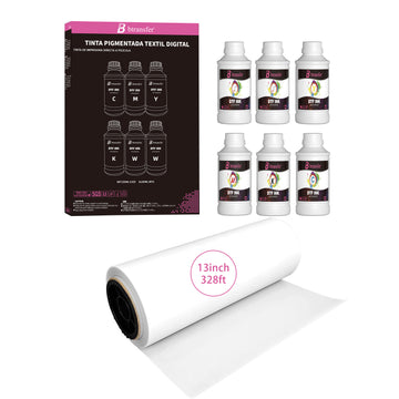 250ml (CMYKW)+ Direct to Transfer Film Powder 500g & 13 Inch x 328 FT Roll Film