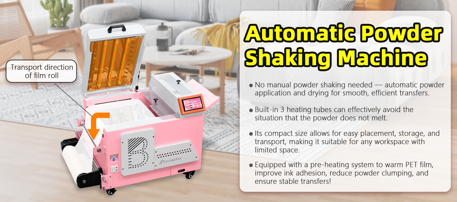 Automatic powder shaking machine for B btransfer DTF printing - no manual shaking needed, built-in 3 heating tubes, compact size with pre-heating system for smooth transfers