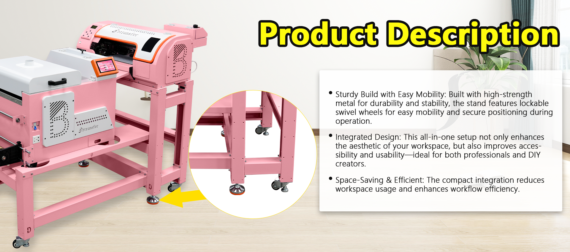 Heavy-duty mobile stand for B btransfer DTF printer and shaker - high-strength metal with lockable swivel wheels, integrated design saves workspace