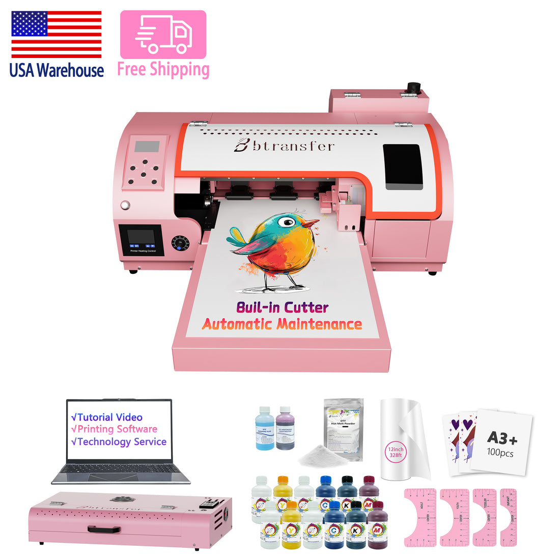 B btransfer M1630 pro Printer bundle 2：13 inch less maintenance DTF Printer with film cutting.  Free shipping