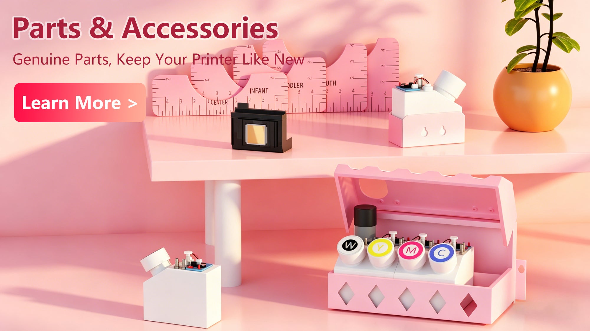 M1630 Pro Pink printer parts and accessories on a pink table with 'Parts & Accessories' text.