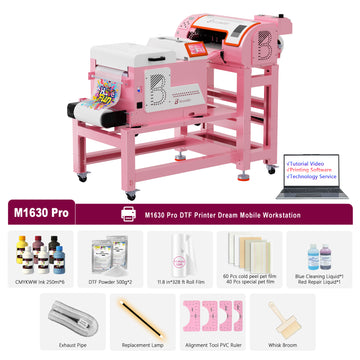 Impresora B btransfer A3 M1630 Pro DTF Dream Mobile Workstation – con portátil, agitador, estante móvil y tinta + película + polvo, modo vacaciones, limpieza automática, cortador automático, alarma de tinta