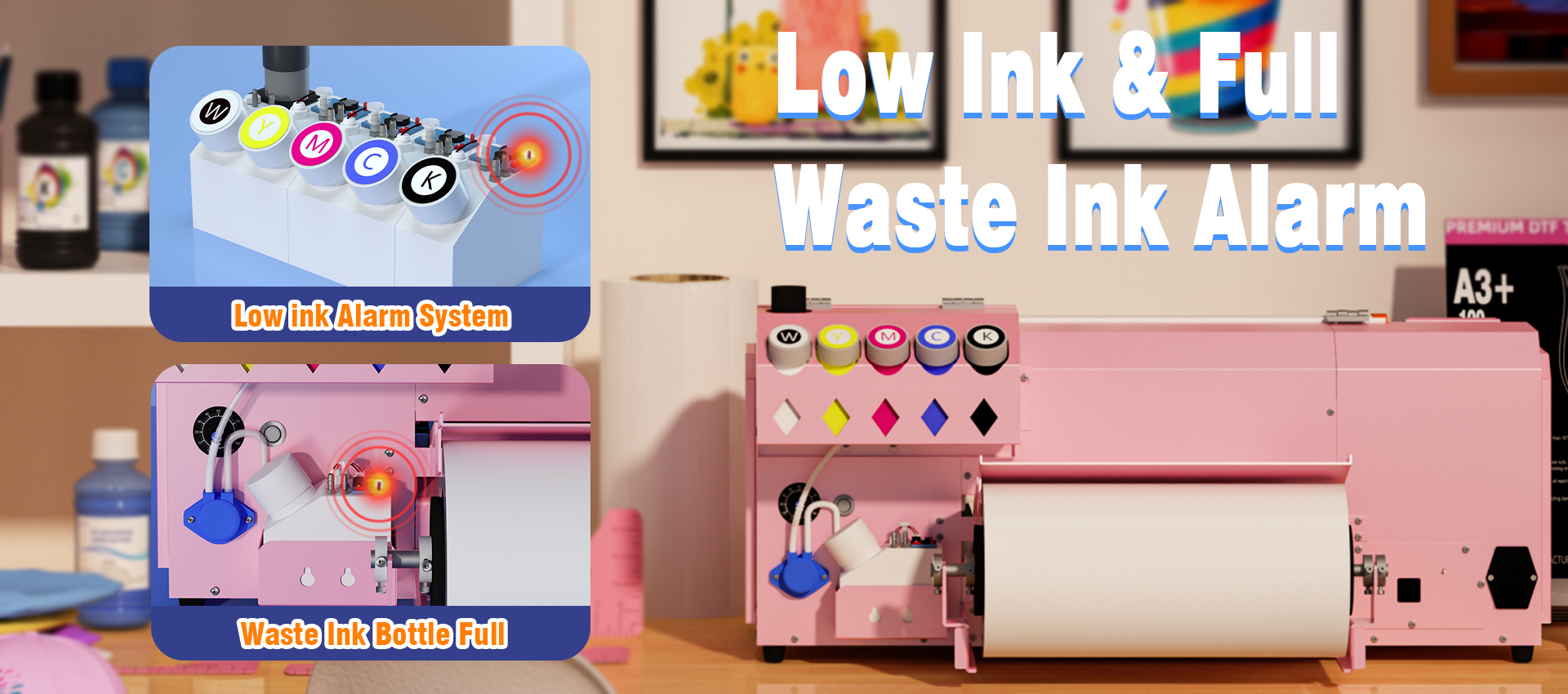 Ink low alarm and waste ink full alarm system on B btransfer M1630 Pro DTF printer - beeps when ink is low to protect print head, and when waste tank is full to keep workspace clean